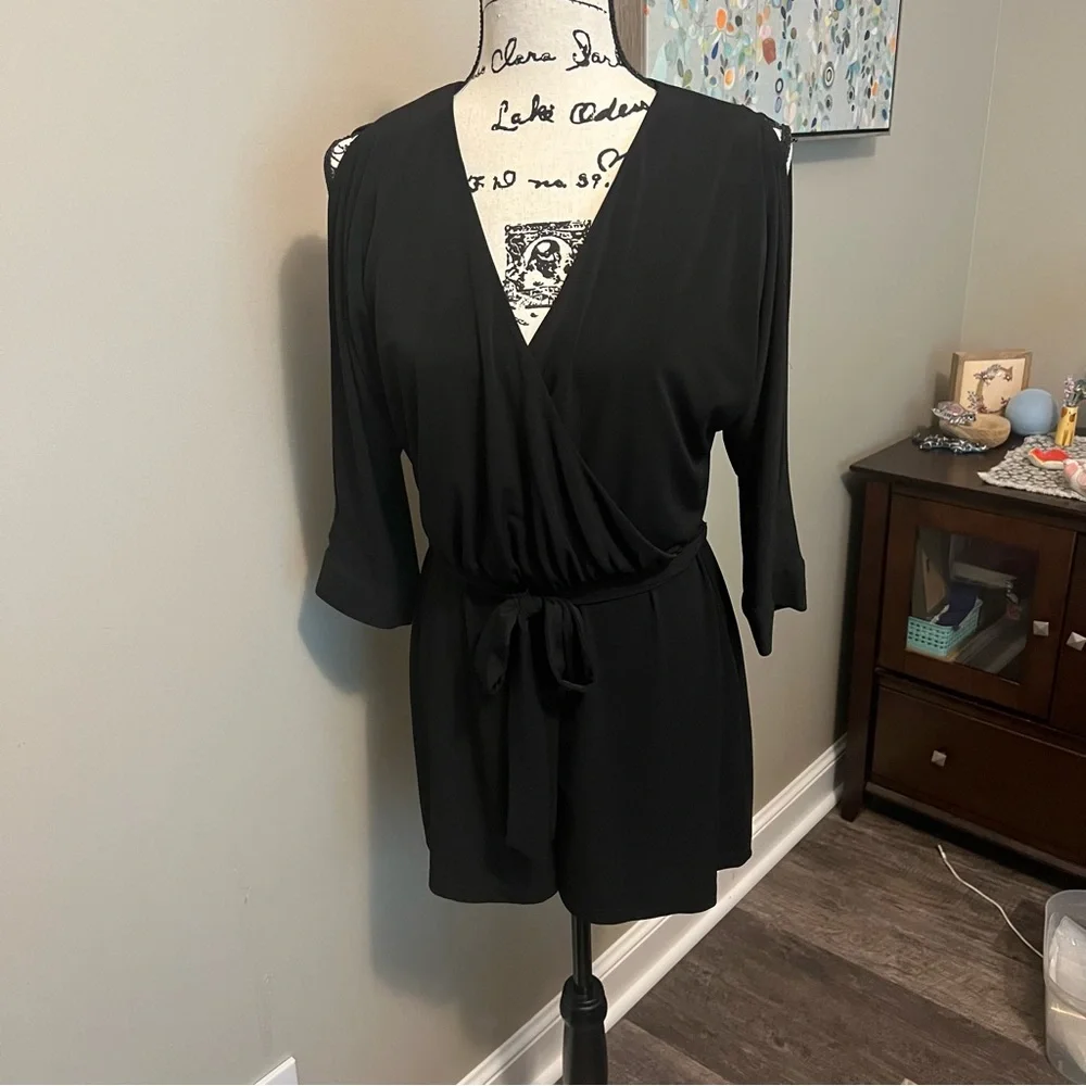 Calvin Klein black Jersey romper belted open sleeve v neck wedding dressy sz 6 - Picture 4 of 7